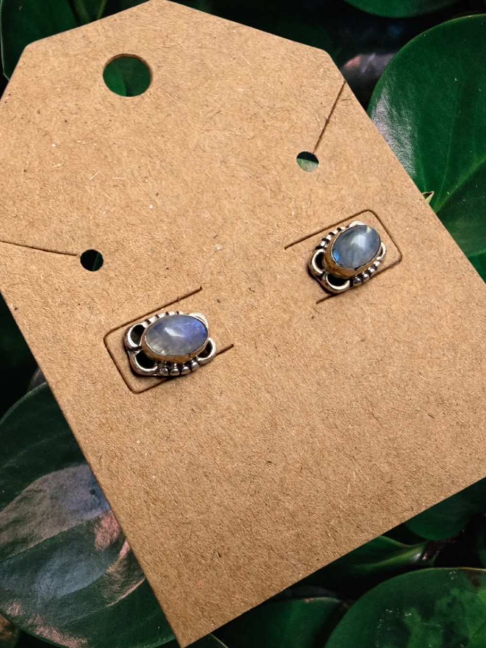 Sterling Silver Moonstone Oval Stud Earrings | Blue Flash Moonstone | 925 Signed